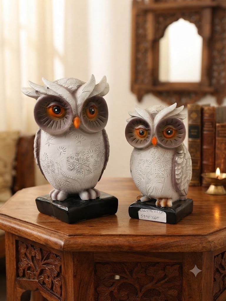 OWL110 1,2 ( Elegant White Owl Pair Decorative Showpiece Set )