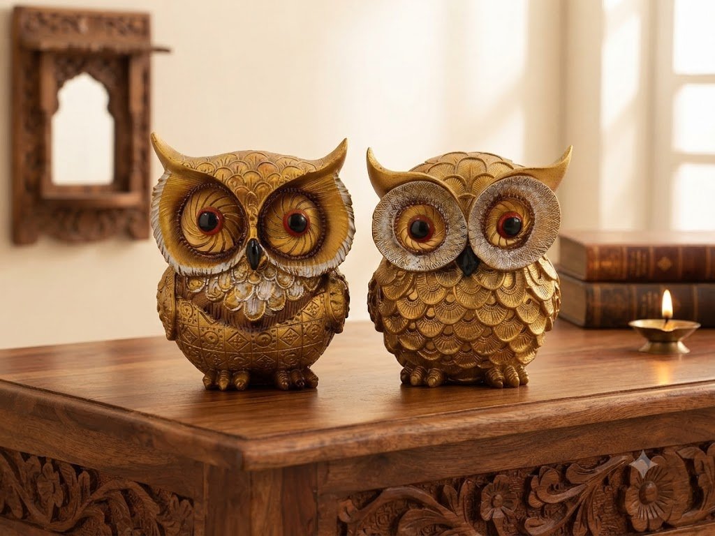 OWl 1,2 ( Elegant Antique Golden Owl Pair Decorative Showpiece )
