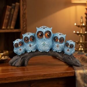 Owl.Blue.10No ( Elegant Blue Owl Family on Tree Branch Showpiece )