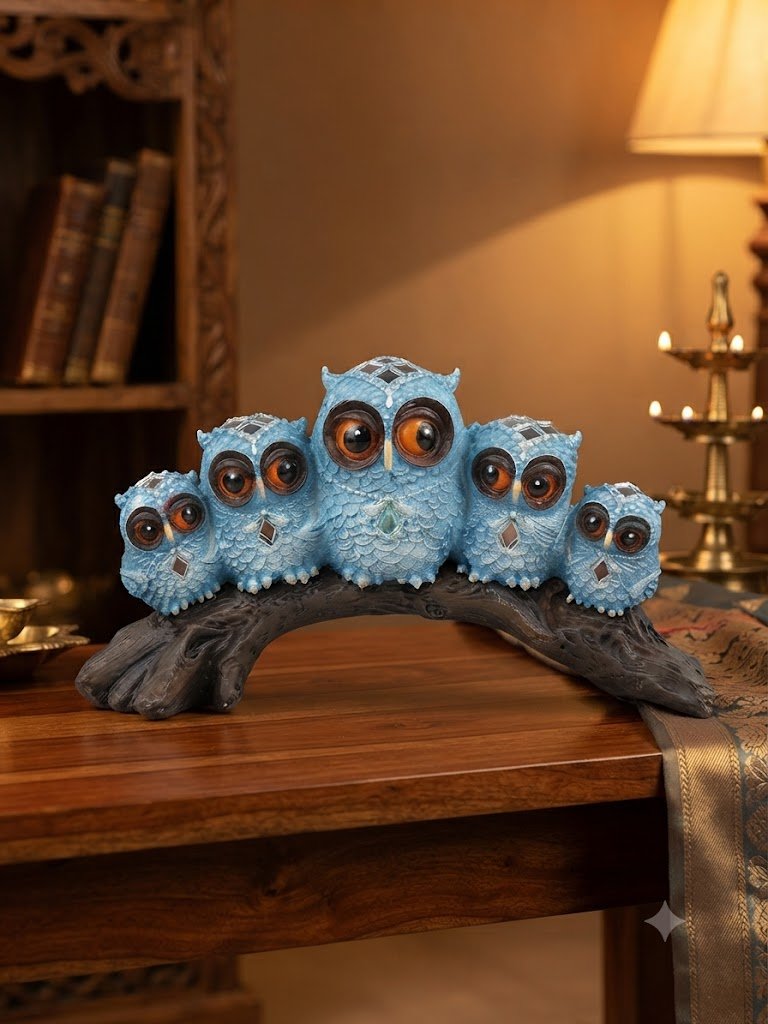 Owl.Blue.10No ( Elegant Blue Owl Family on Tree Branch Showpiece )