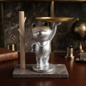 Stylish Silver Bear Butler Tray Decorative Showpiece with Tree Design