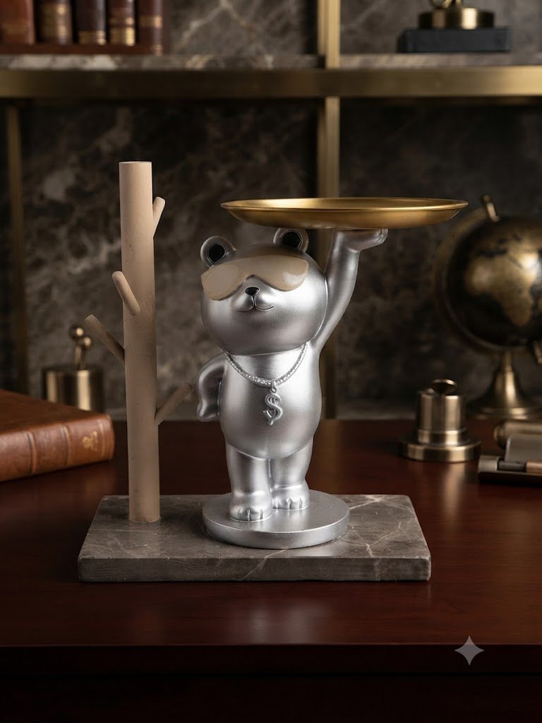 Stylish Silver Bear Butler Tray Decorative Showpiece with Tree Design
