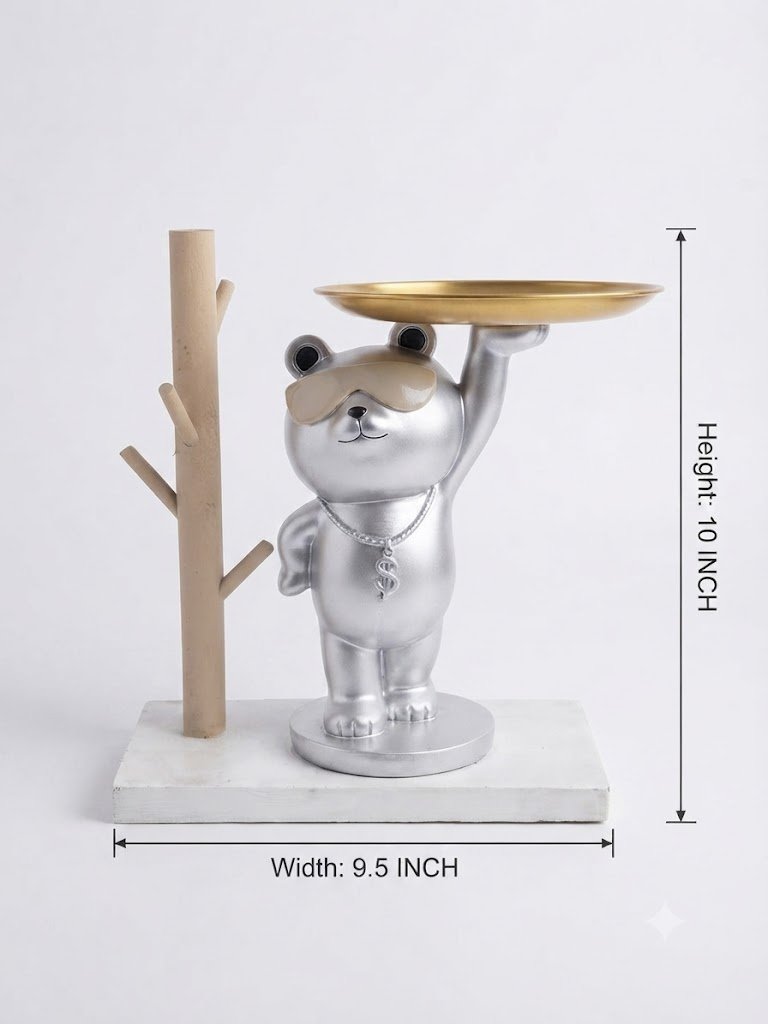 Stylish Silver Bear Butler Tray Decorative Showpiece with Tree Design - Image 2