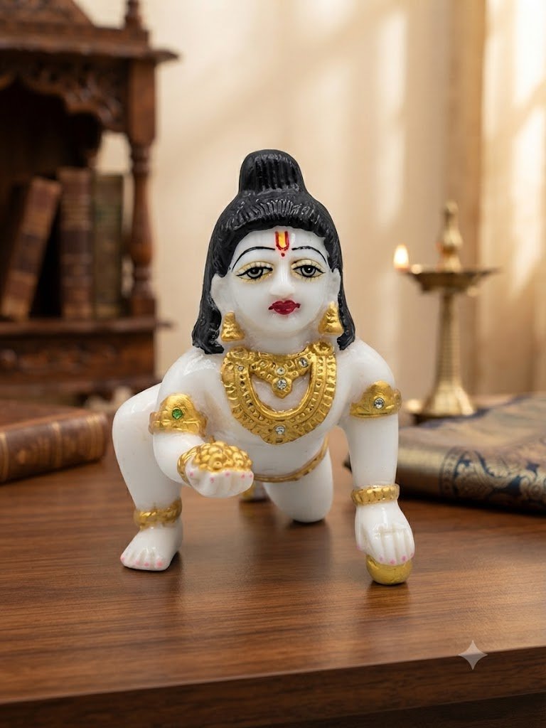 S LADDU GOPA ( Divine Laddu Gopal Bal Krishna Idol with Golden Ornaments )
