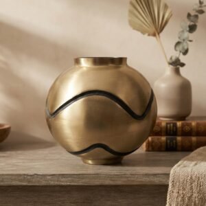 SA-1081 ( Elegant Antique Gold Round Decorative Vase with Black Wave Accent )