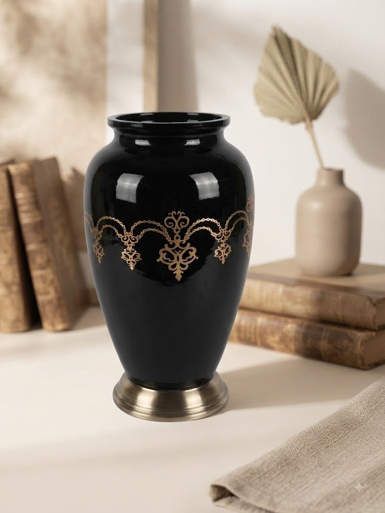 SA.1068 ( Elegant Glossy Black Decorative Vase with Golden Ornamental Design )