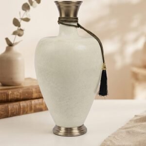 SA1029 ( Elegant Ivory Textured Decorative Vase with Antique Gold Neck & Tassel )