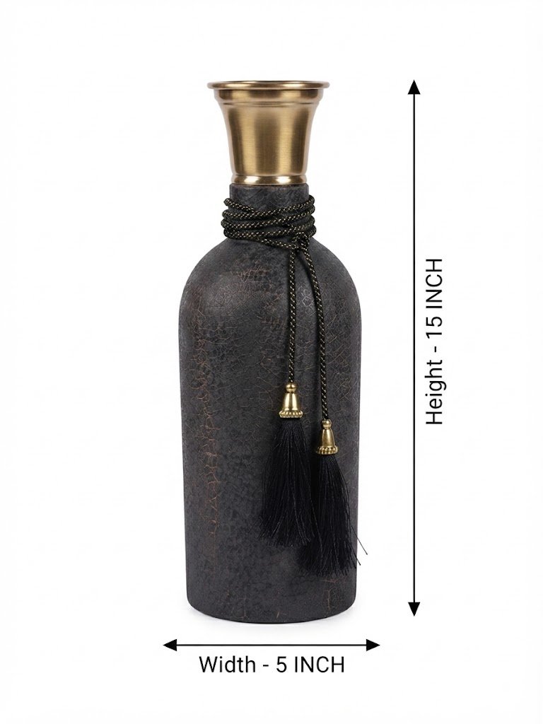 SA1057 ( Elegant Charcoal Textured Decorative Vase with Antique Gold Neck & Tassels ) - Image 2