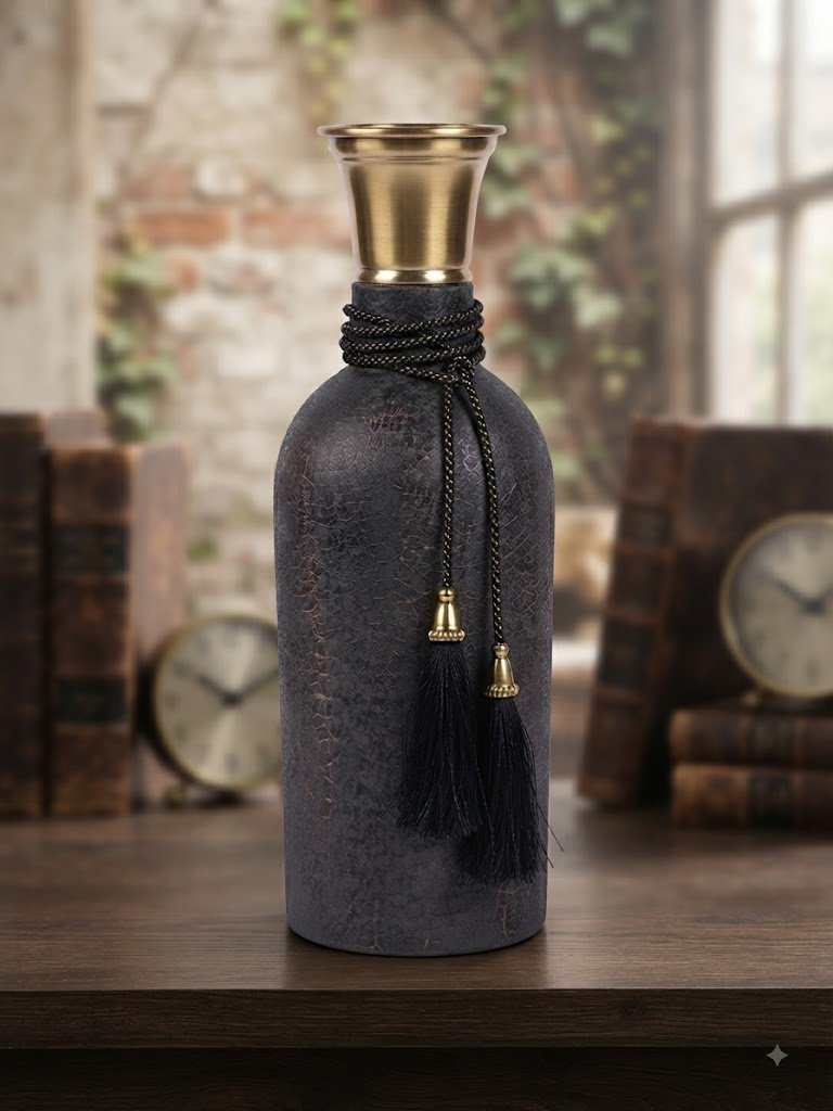 SA1057 ( Elegant Charcoal Textured Decorative Vase with Antique Gold Neck & Tassels )