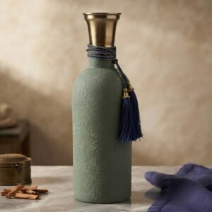 SA1058  ( Elegant Sage Green Textured Vase with Antique Gold Neck & Navy Tassels )