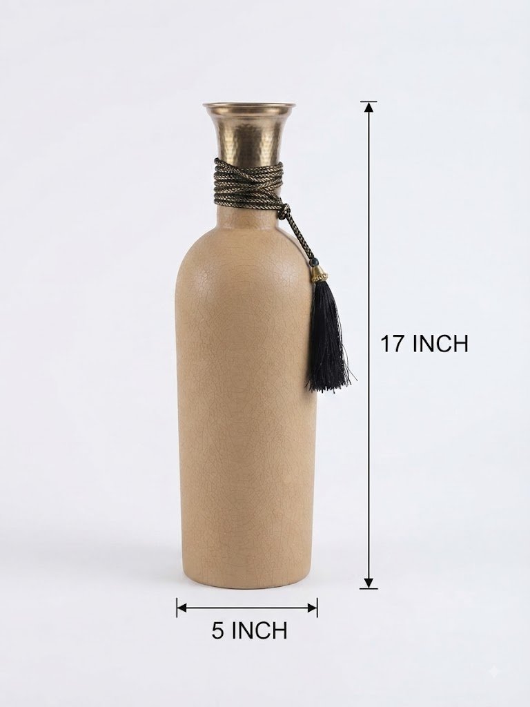 SA1075 ( Elegant Beige Textured Decorative Vase with Antique Gold Neck & Black Tassel ) - Image 2