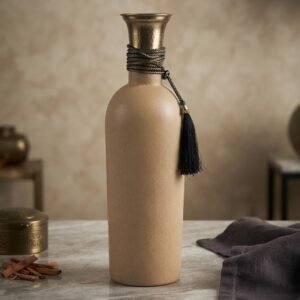SA1075  ( Elegant Beige Textured Decorative Vase with Antique Gold Neck & Black Tassel )