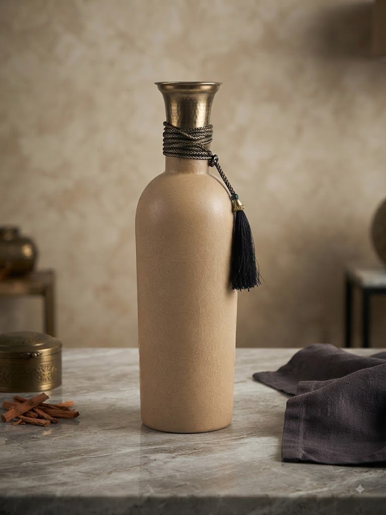 SA1075 ( Elegant Beige Textured Decorative Vase with Antique Gold Neck & Black Tassel )