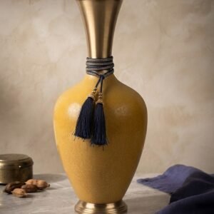 SA1085 ( Elegant Mustard Yellow Textured Vase with Antique Gold Neck & Navy Tassels )