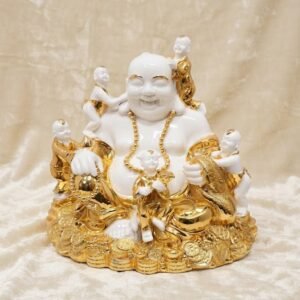 WG.2026  ( Laughing Buddha with Five Children – White and Gold Prosperity Decorative Statue )