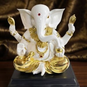 Lord Ganesha Idol โ White Marble-Style with Gold Accents
