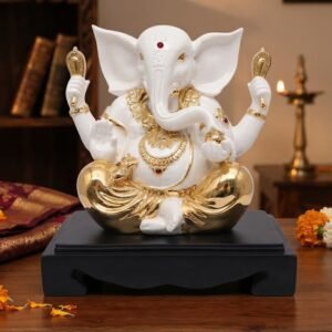 WG.422 ( White and Gold Lord Ganesha Idol with Ornate Black Pedestal )