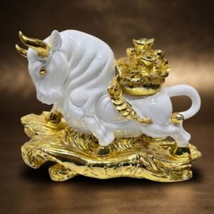WG.718 ( Royal White Bull Feng Shui Teapot Showpiece with Golden Wealth Pot )