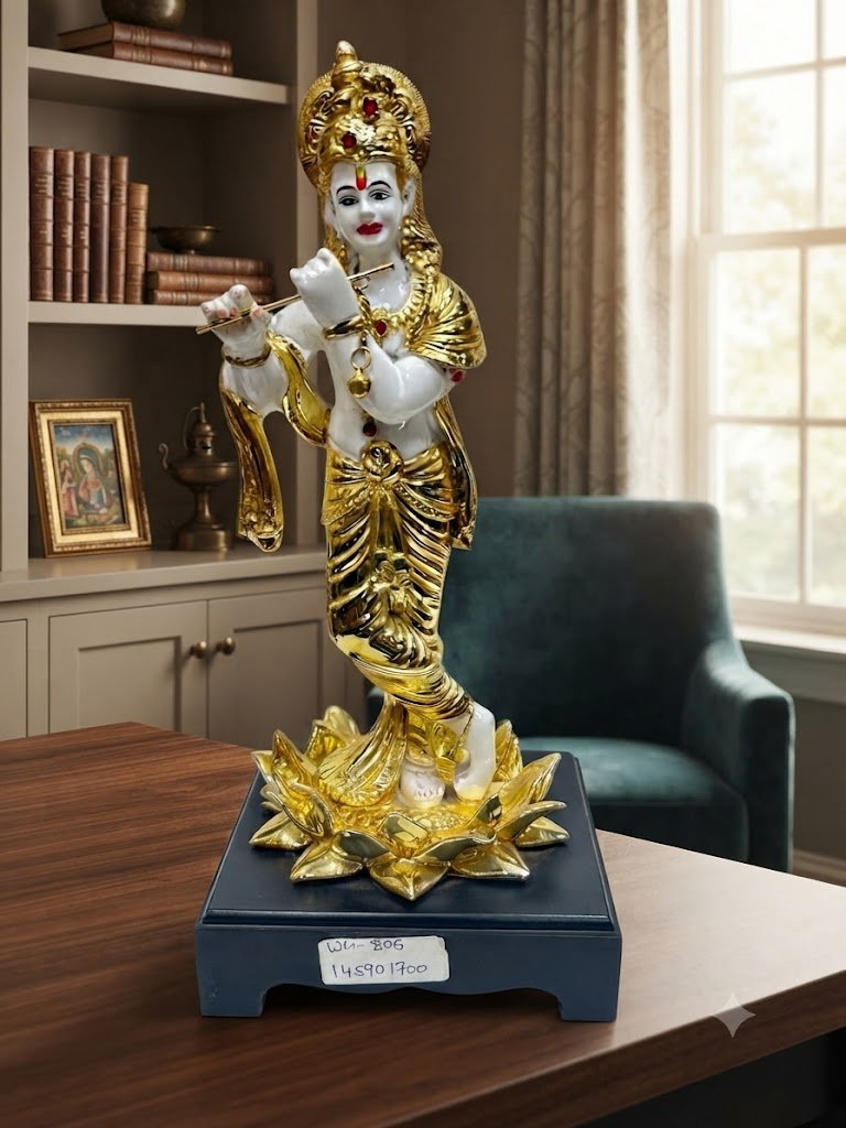 WG.806 ( Lord Krishna Playing the Flute โ Ornate Gold-and-White Decorative Statue )