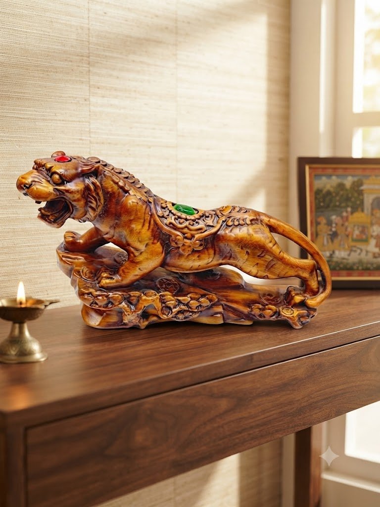 WOODEN TIGER ( Majestic Wooden Tiger Running Decorative Showpiece )