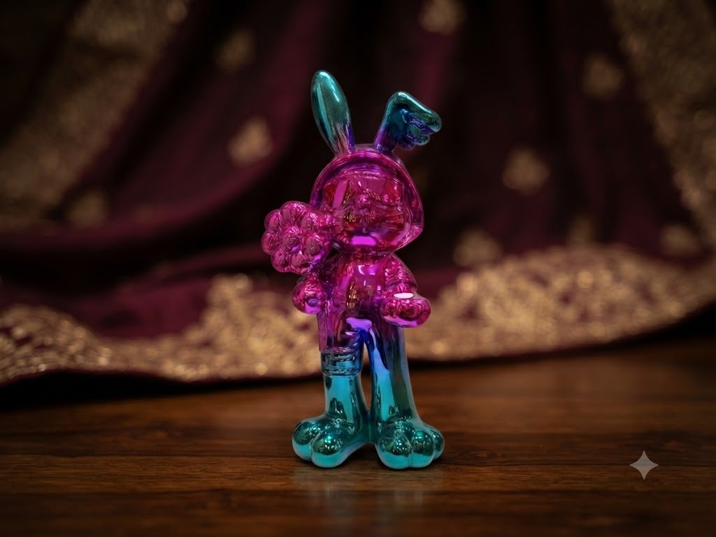 Colorful Metallic Bunny Couple with Flower Decorative Showpiece