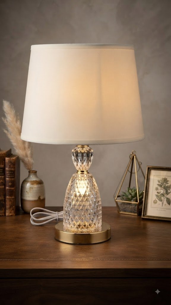 YS2195 ( Elegant Crystal Diamond Table Lamp with White Fabric Shade )