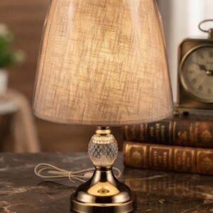 YS2205 ( Elegant Crystal & Golden Table Lamp with Beige Fabric Shade )
