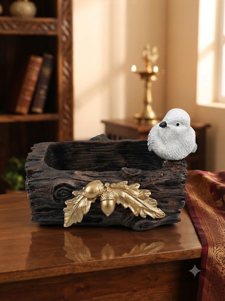 YS2261(D) ( Rustic Acorn Log Planter with White Bird Decorative Accent )