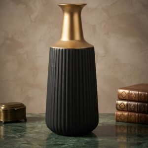 YS2274  ( Luxury Black Ribbed Decorative Vase with Golden Neck )