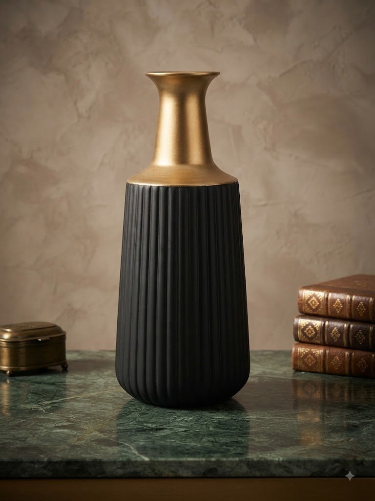 YS2274 ( Luxury Black Ribbed Decorative Vase with Golden Neck )