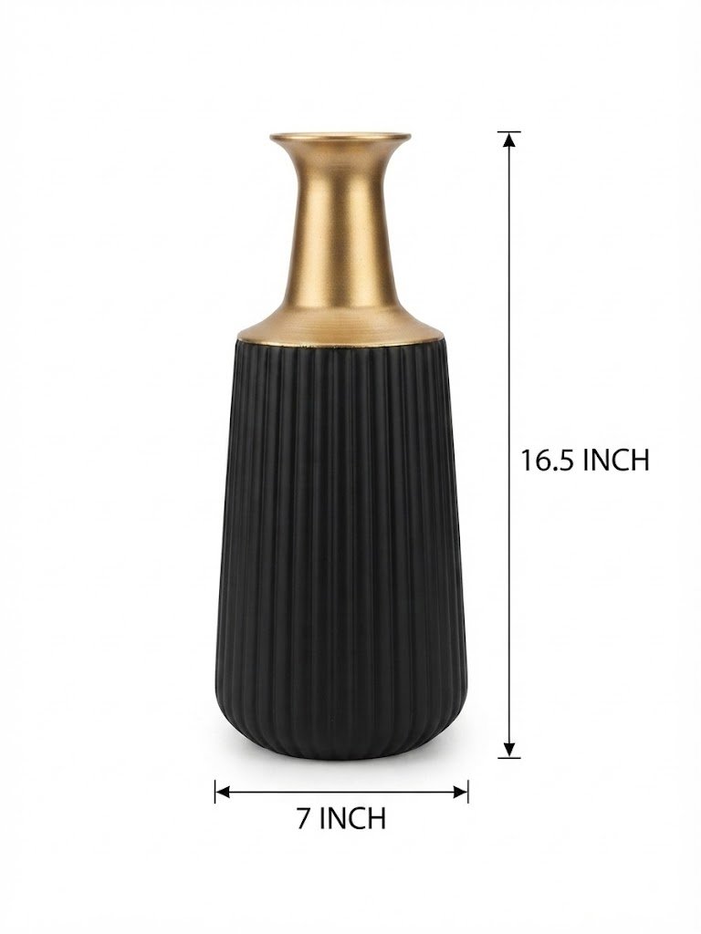 YS2274 ( Luxury Black Ribbed Decorative Vase with Golden Neck ) - Image 2