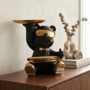 Ys214 ( Luxury Black Bear Butler Decorative Showpiece with Golden Trays )