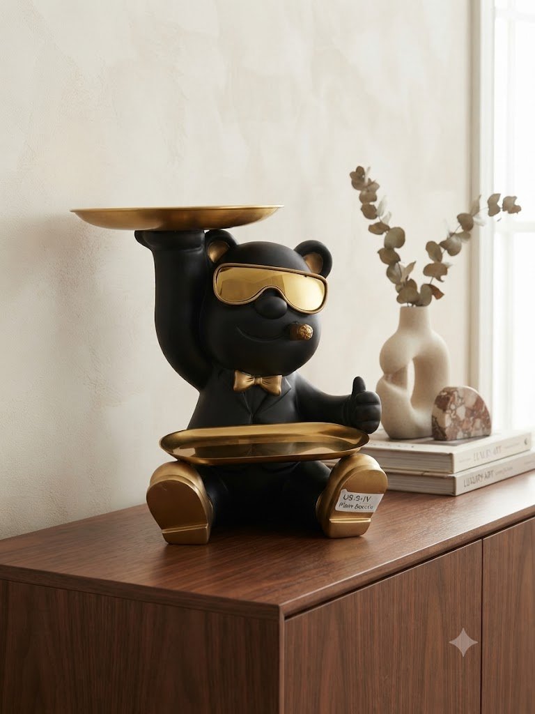 Ys214 ( Luxury Black Bear Butler Decorative Showpiece with Golden Trays )