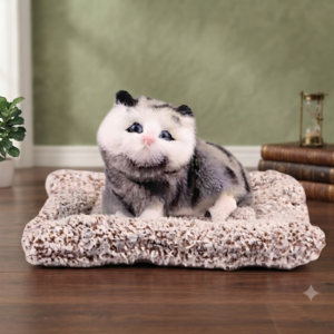 AR 1492 Adorable Plush Gray-and-White Kitten Toy on a Soft Pet Bed