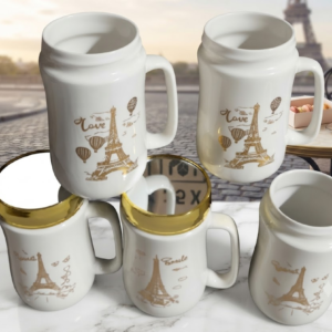 3263 Paris Eiffel Tower Ceramic Mug Set – Elegant White Mugs with Golden Parisian Design