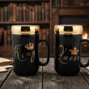 4327 King & Queen Black Ceramic Mug Set – Luxury Couple Mugs with Golden Crown Design