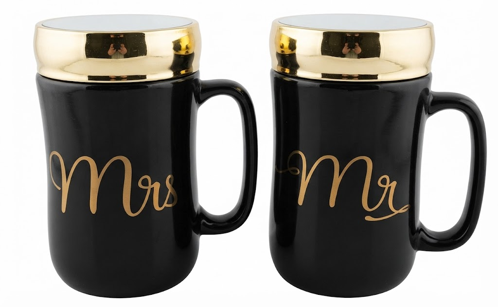 4328 Mr & Mrs Black Ceramic Mug Set โ Elegant Couple Mugs with Golden Rim - Image 2