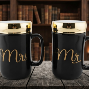 4328 Mr & Mrs Black Ceramic Mug Set – Elegant Couple Mugs with Golden Rim