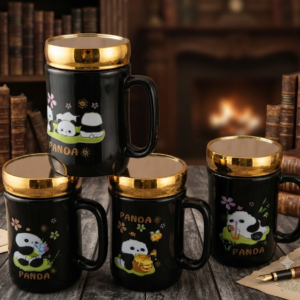 4330 Cute Panda Black Ceramic Mug Set – Adorable Panda Design with Golden Rim