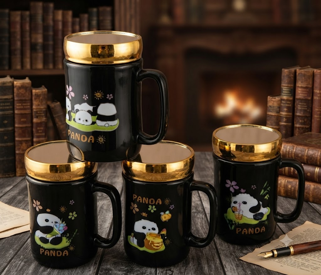 4330 Cute Panda Black Ceramic Mug Set โ Adorable Panda Design with Golden Rim