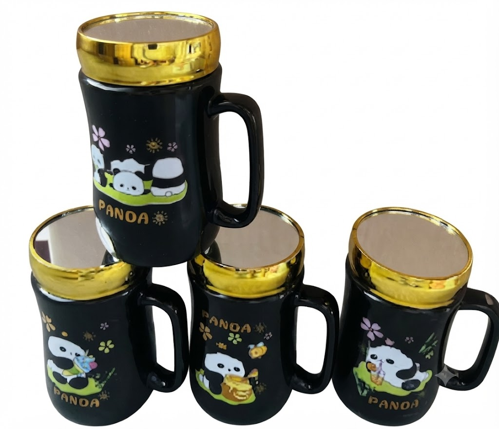 4330 Cute Panda Black Ceramic Mug Set โ Adorable Panda Design with Golden Rim - Image 2