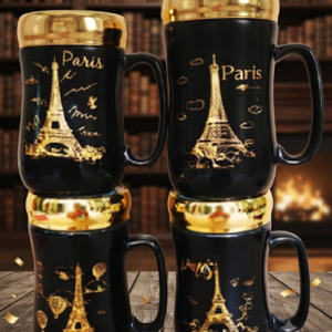 4331 Paris Eiffel Tower Black Ceramic Mug Set – Elegant Gold Paris Design with Metallic Rim