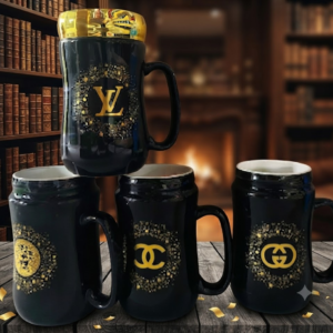 4332 Luxury Black Designer Ceramic Mug Set – Elegant Gold Monogram & Crown-Inspired Designs