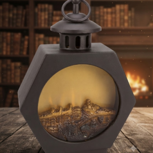 YS 2674 Antique Black Metal Hexagon Lantern with Golden Decorative Horse Design