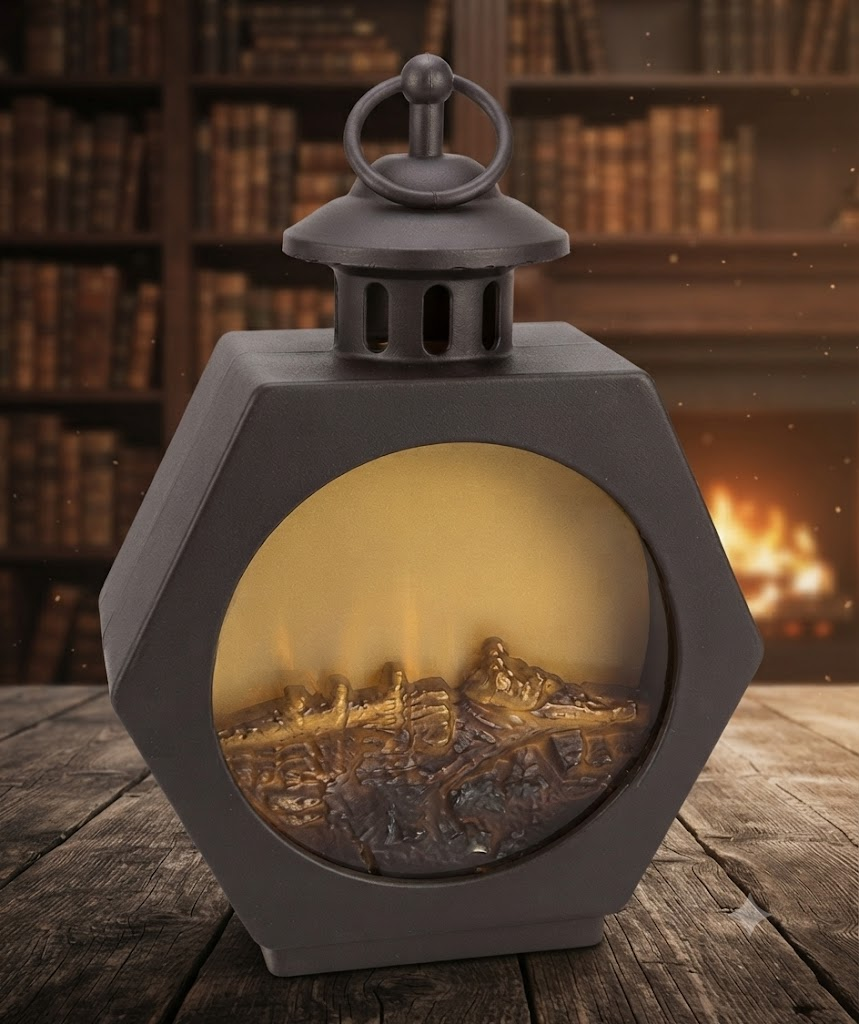 YS 2674 Antique Black Metal Hexagon Lantern with Golden Decorative Horse Design
