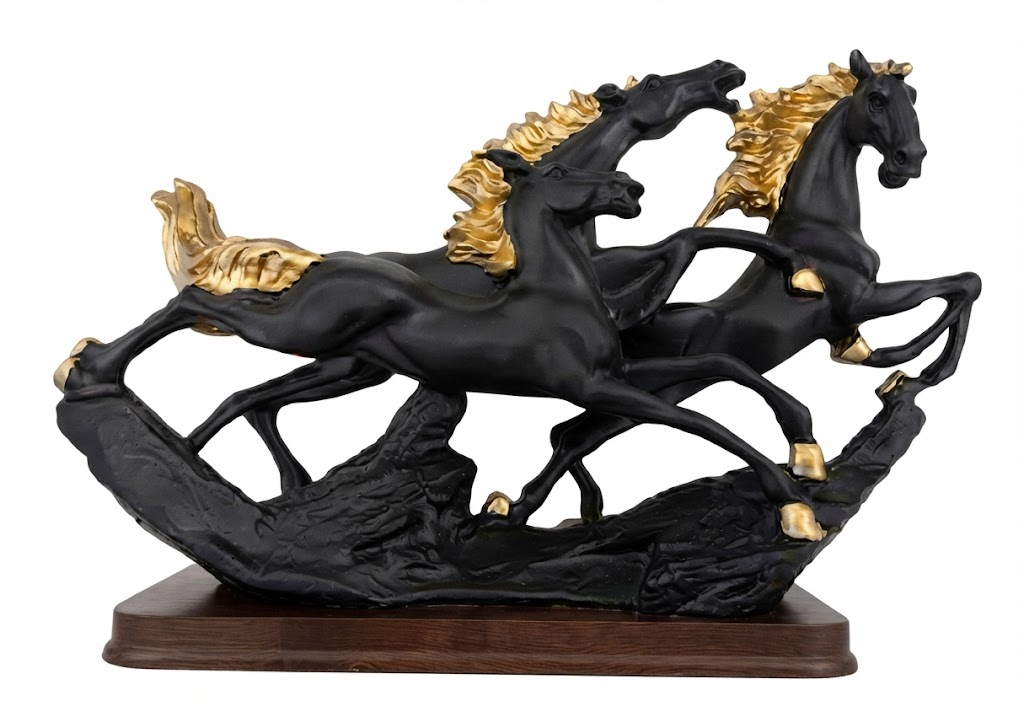 AR 3974 Majestic Black Running Horses with Golden Accents โ Luxury Decorative Statue - Image 2
