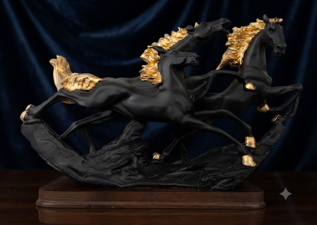 AR 3974 Majestic Black Running Horses with Golden Accents โ Luxury Decorative Statue