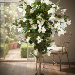 YS 2685 Artificial Green Flowering Tree with White Flowers and Decorative Black Pot