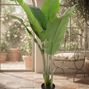 YS 2687 Artificial Bird of Paradise Plant with Large Green Leaves and Decorative Black Pot