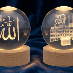 AR 1470 Islamic Crystal Ball LED Night Lamp with Allah Calligraphy & Kaaba Design – Wooden Base Decorative Light